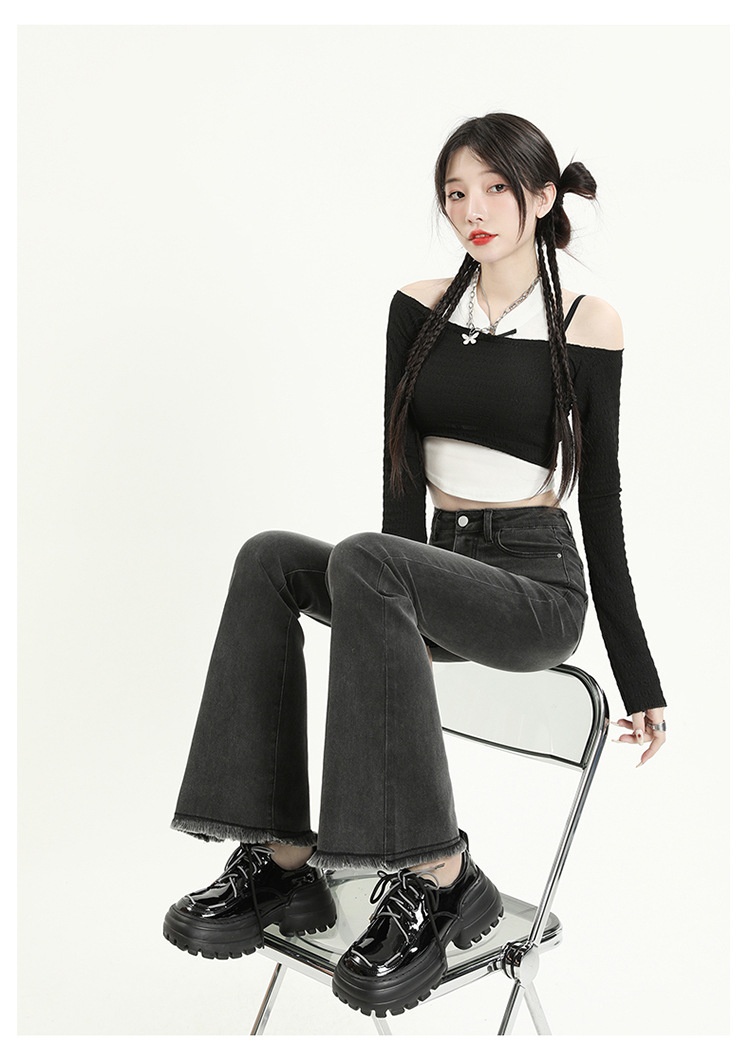 ChicShe Vintage High-Waisted Jeans voor dames 2025 Herfst Nieuwe Small Slim Fit Gerafelde Uitlopende Broek_voghion.com