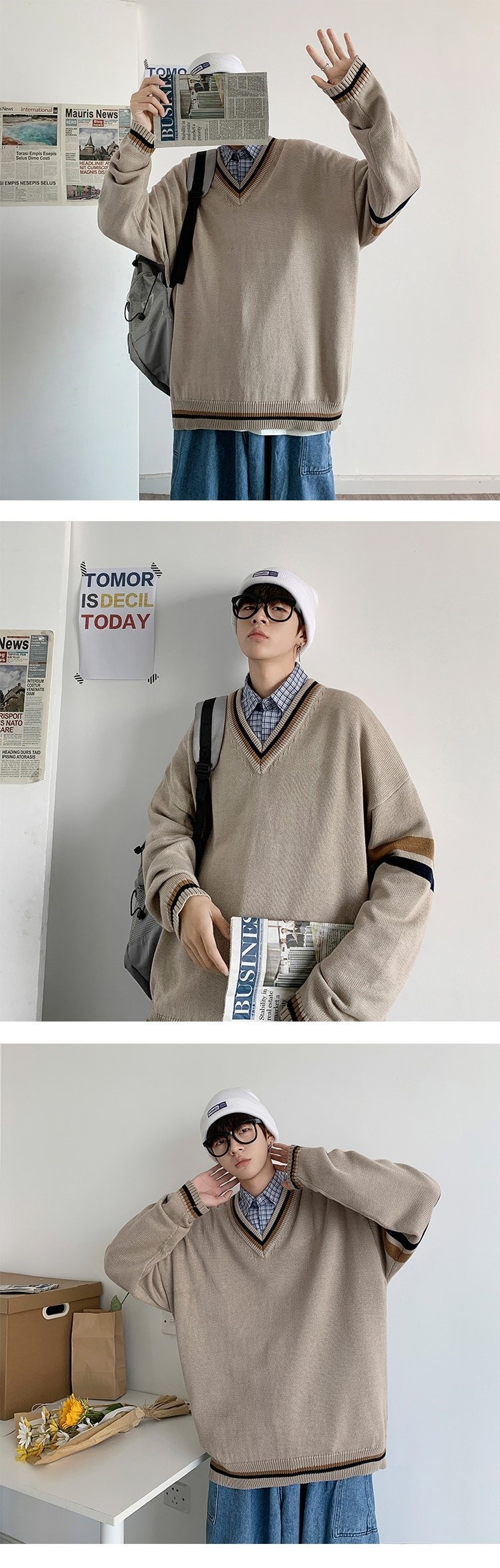boy Boy Boy Boy Autumn Winter Sweater Men V-Neck Japanese Retro Loose Korean Style Pullover Casual Trendy Brand BF Color Block Knitwear_voghion.com