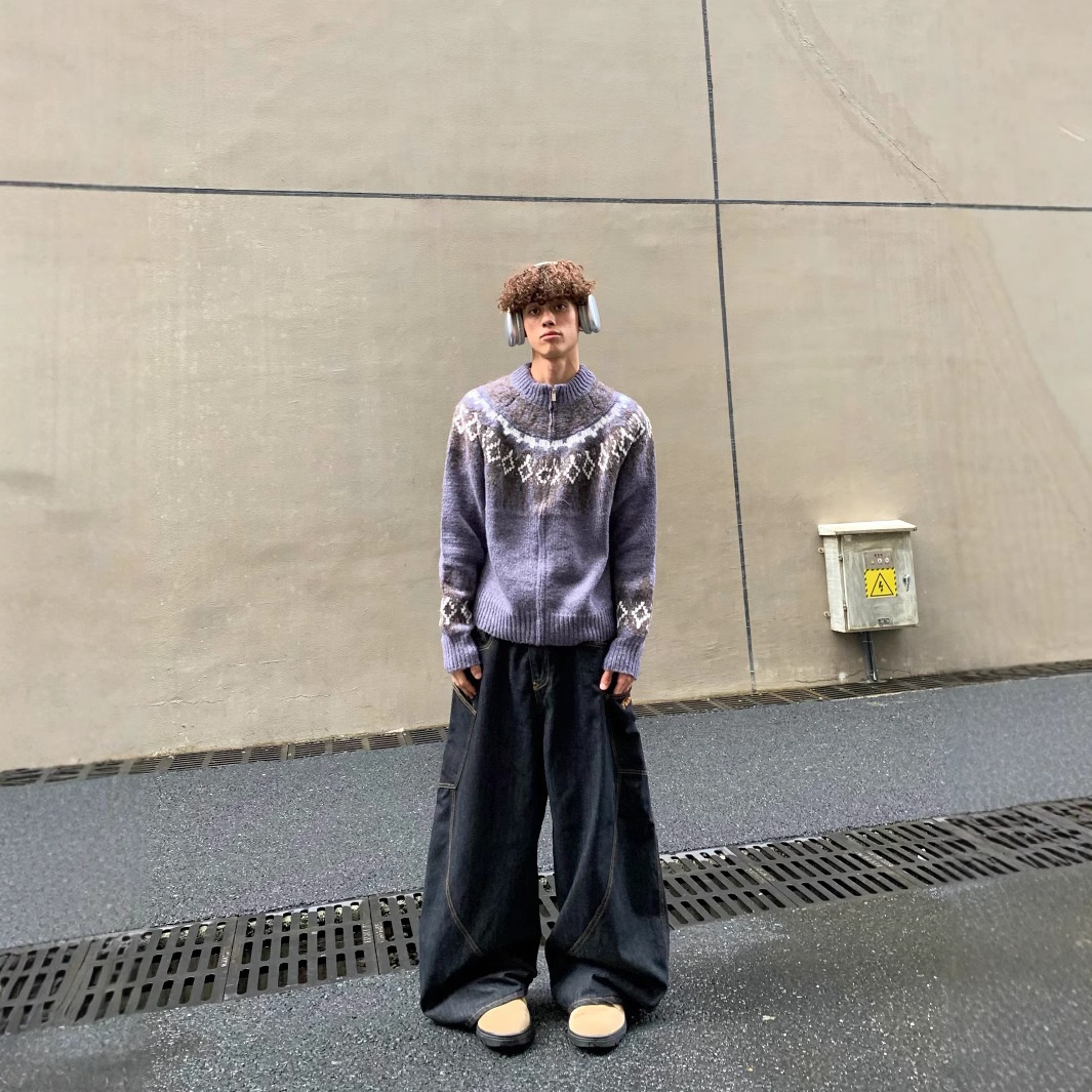 boy Boy Boy Boy Cabbage Coke American Retro Pattern Autumn Winter Round Neck Double Zipper Stand Collar Knitted Sweater Cardigan Jacket_voghion.com