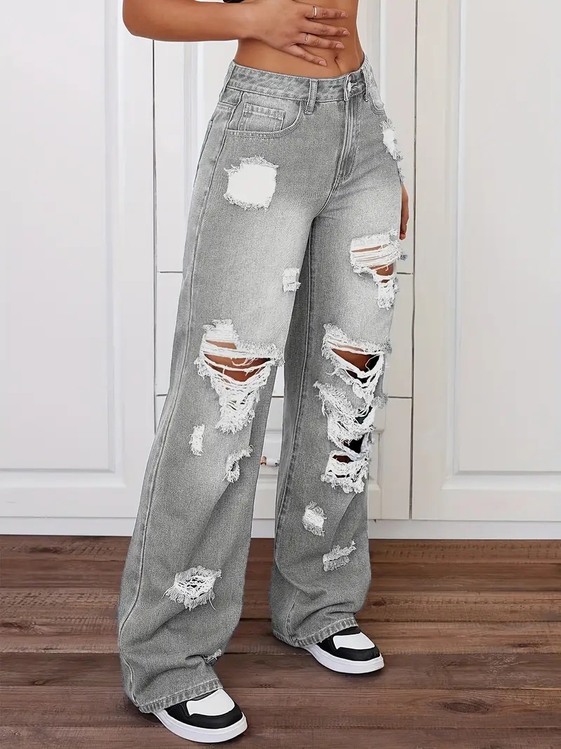ChicShe European And American Cross-Border Trade Ripped Jeans Washed High Waist Straight Versatile Loose Denim Pants For Women_voghion.com