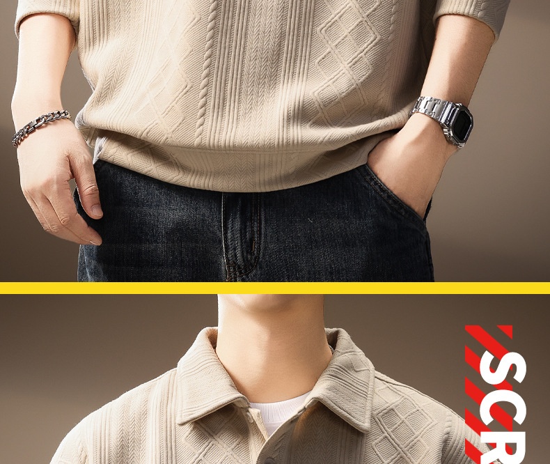 boy Boy High-Ed Frech Style Diamod Patter Jacquard Log-Sleeve Kit Sweater Me, Autum Textured Loose Fit Polo Shirt For_voghion.com