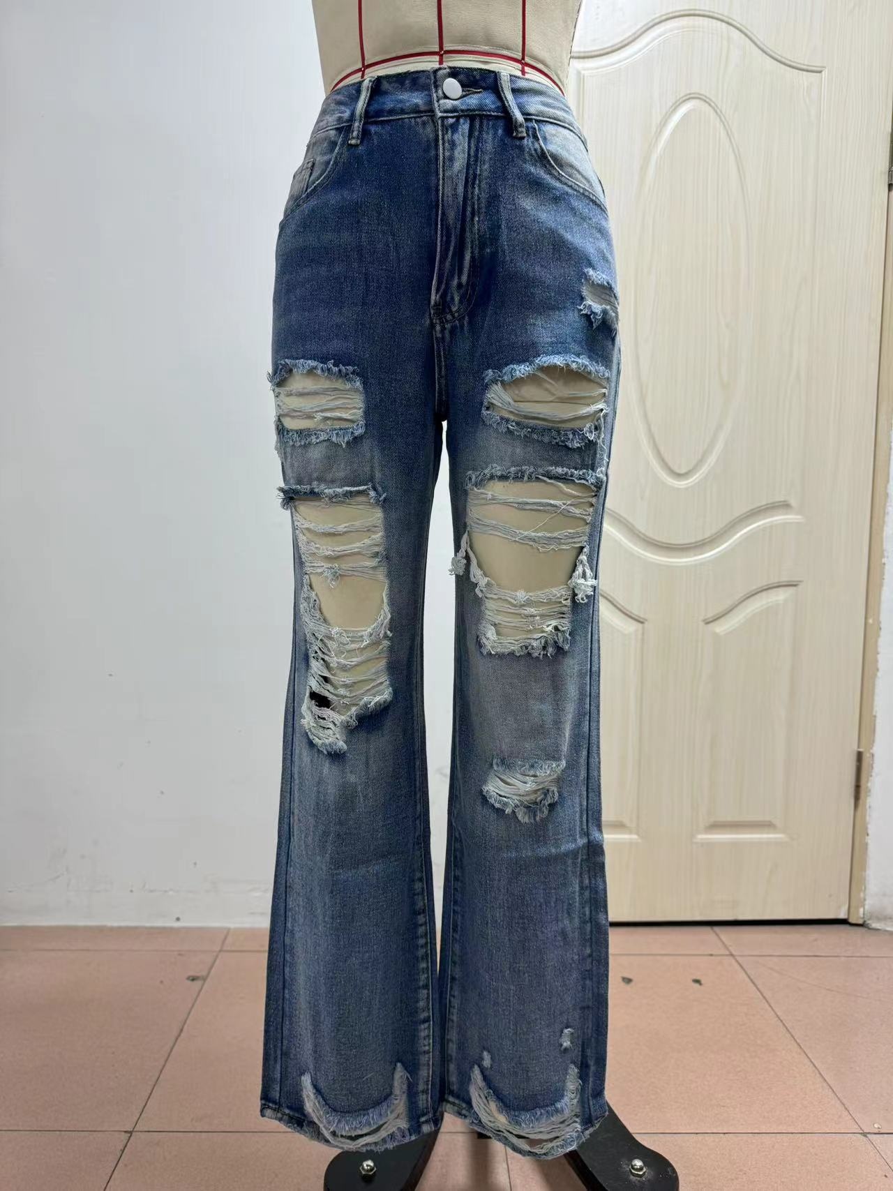 ChicShe Cross-Border Exclusive pour l'Europe et l'Amérique Independent Station Jean taille haute déchiré Pantalon évasé ample_voghion.com