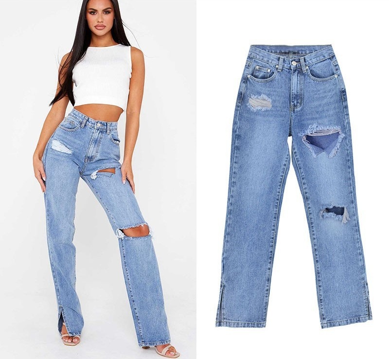 ChicShe European American Women's Fashion High Waist Slimming Straight Leg Jeans Floor-Length With Ripped Cuffs And Slit Hem_voghion.com