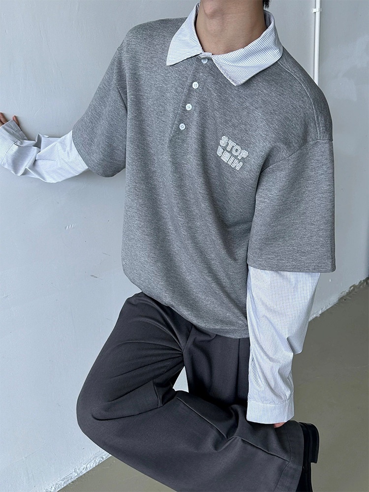 boy Boy Two-Piece American Retro Polo For Men, Spring And Autumn Style, Trendy Brand, High-End Sweatshirt, Plaid Patchwork_voghion.com