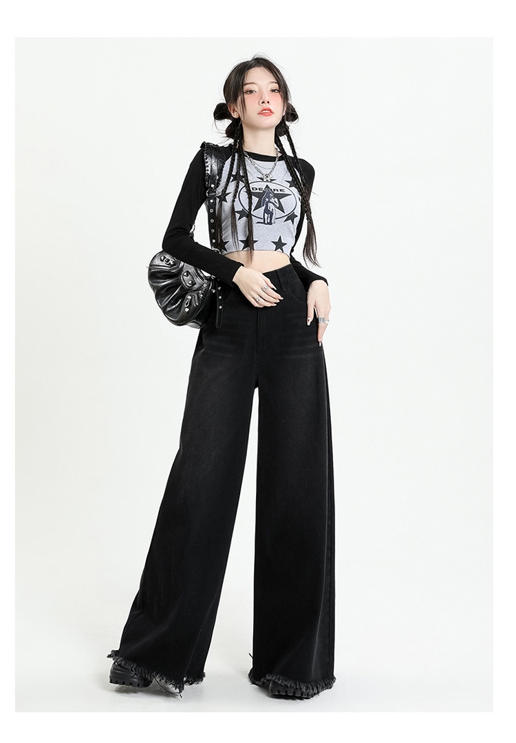 ChicShe ChicShe 2025 European American Cross-Border Street Style Black And Gray Wide-Leg Sweeping Pants Large Cuff Frayed Hem Jeans_voghion.com