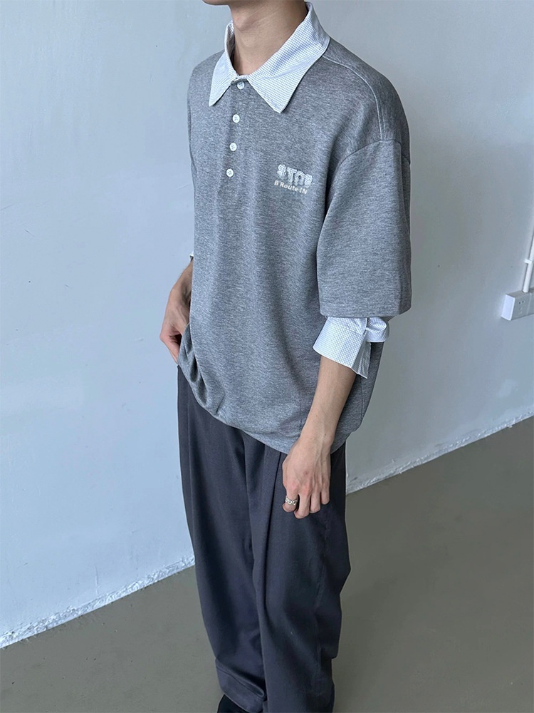 boy Boy Two-Piece American Retro Polo For Men, Spring And Autumn Style, Trendy Brand, High-End Sweatshirt, Plaid Patchwork_voghion.com