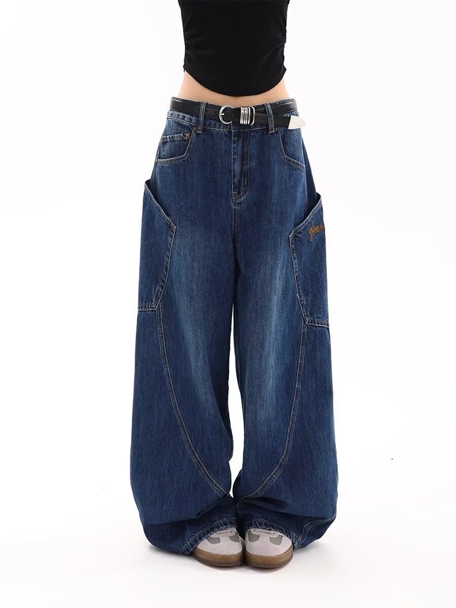 Jeans ChicShe American Retro Large Pocket Scimitar da donna, stile primaverile e autunnale, design High Street, gamba larga e ampia_voghion.com