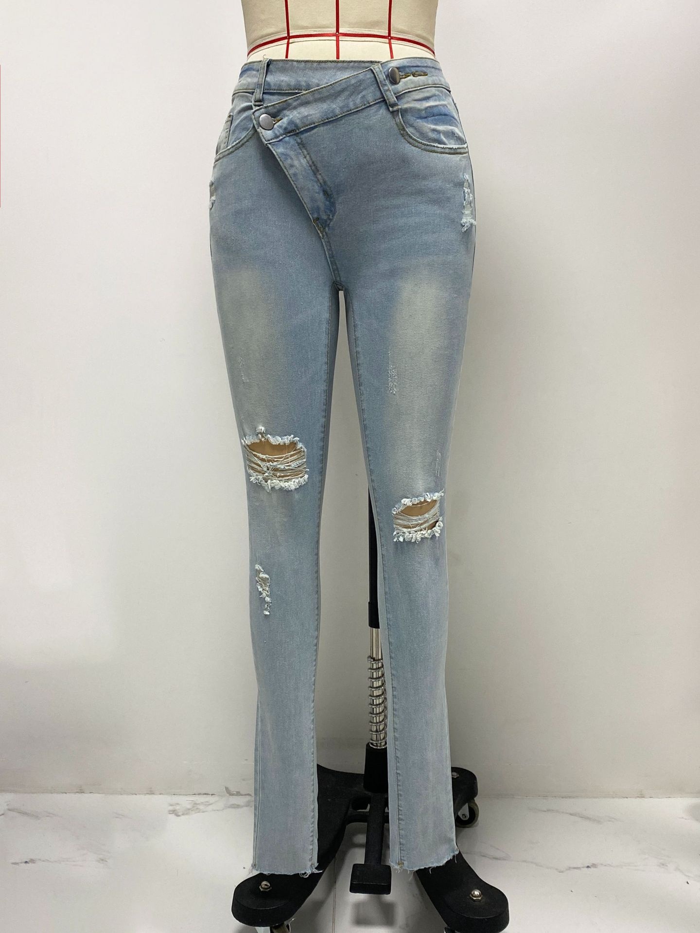 ChicShe Lichte Kleur Hoge Taille Jeans Dames Europees Amerikaans Grensoverschrijdend 2025 Nieuwe Elastische Slim Fit Gescheurde Skinny Broek_voghion.com
