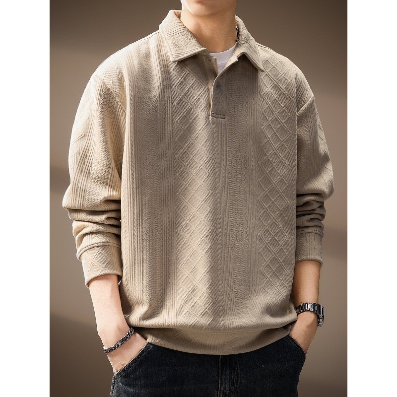 boy Boy High-Ed Frech Style Diamod Patter Jacquard Log-Sleeve Kit Sweater Me, Autum Textured Loose Fit Polo Shirt For_voghion.com