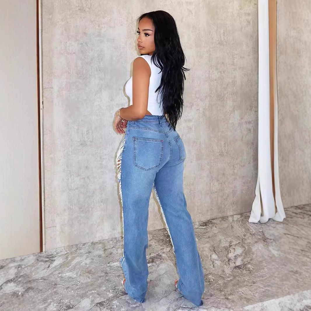 ChicShe Spicy Girl Zomer Europese en Amerikaanse Cross-Border Distressed Heavy Beaded Elastische Jeans Lange Broek Dames JEANS_voghion.com