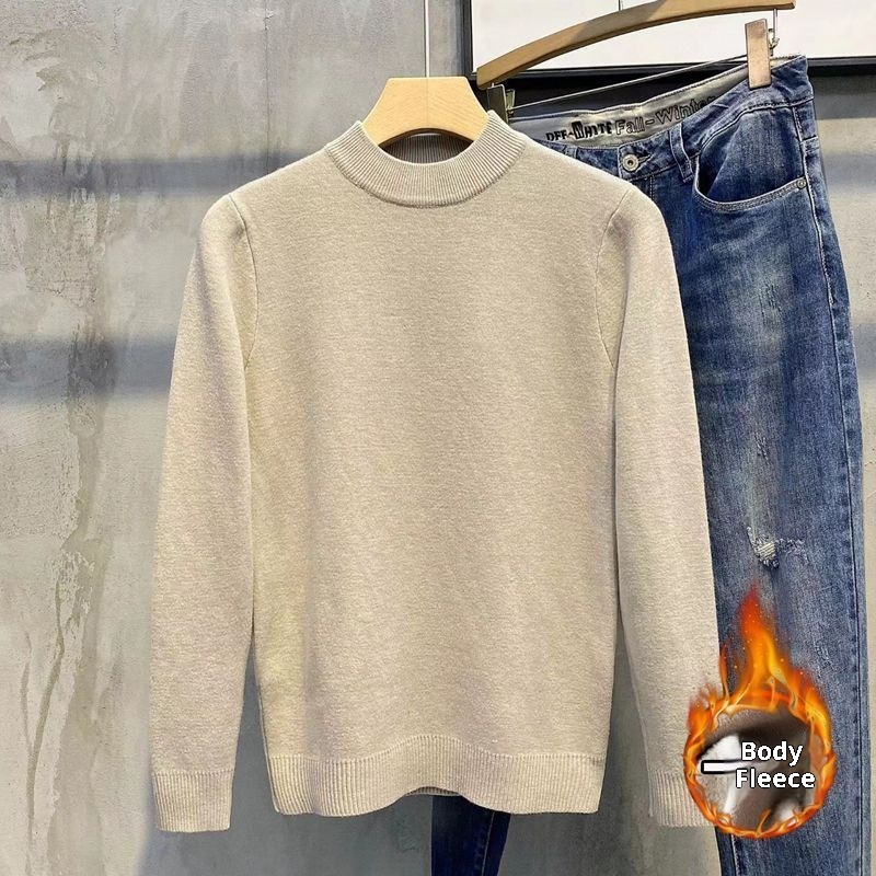 boy Boy Boy Boy Half Turtleneck Sweater For Men, Fleece-Lined Thickened, Autumn And Winter, Mid-Neck, Solid Color, Student Base Layer,_voghion.com