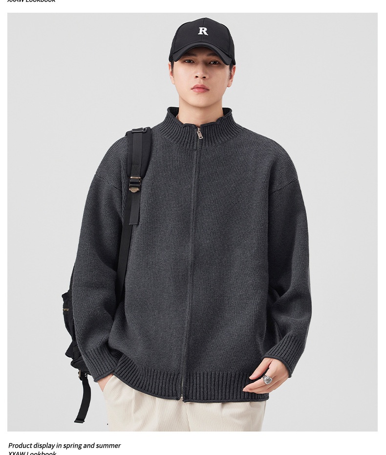 boy Boy Boy Boy Japanese Style Solid Color Heavyweight Zipper Cardigan Knitwear Versatile Casual Autumn Winter Light Sweater_voghion.com