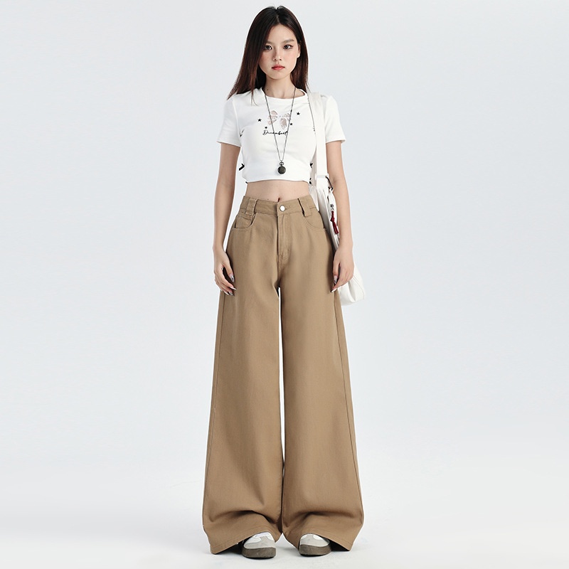 ChicShe Hong Kong-stijl rechte jeans voor dames, zomer, nieuwe high-end Latte Brown losse, afslankende, wijde broek tot op de grond_voghion.com