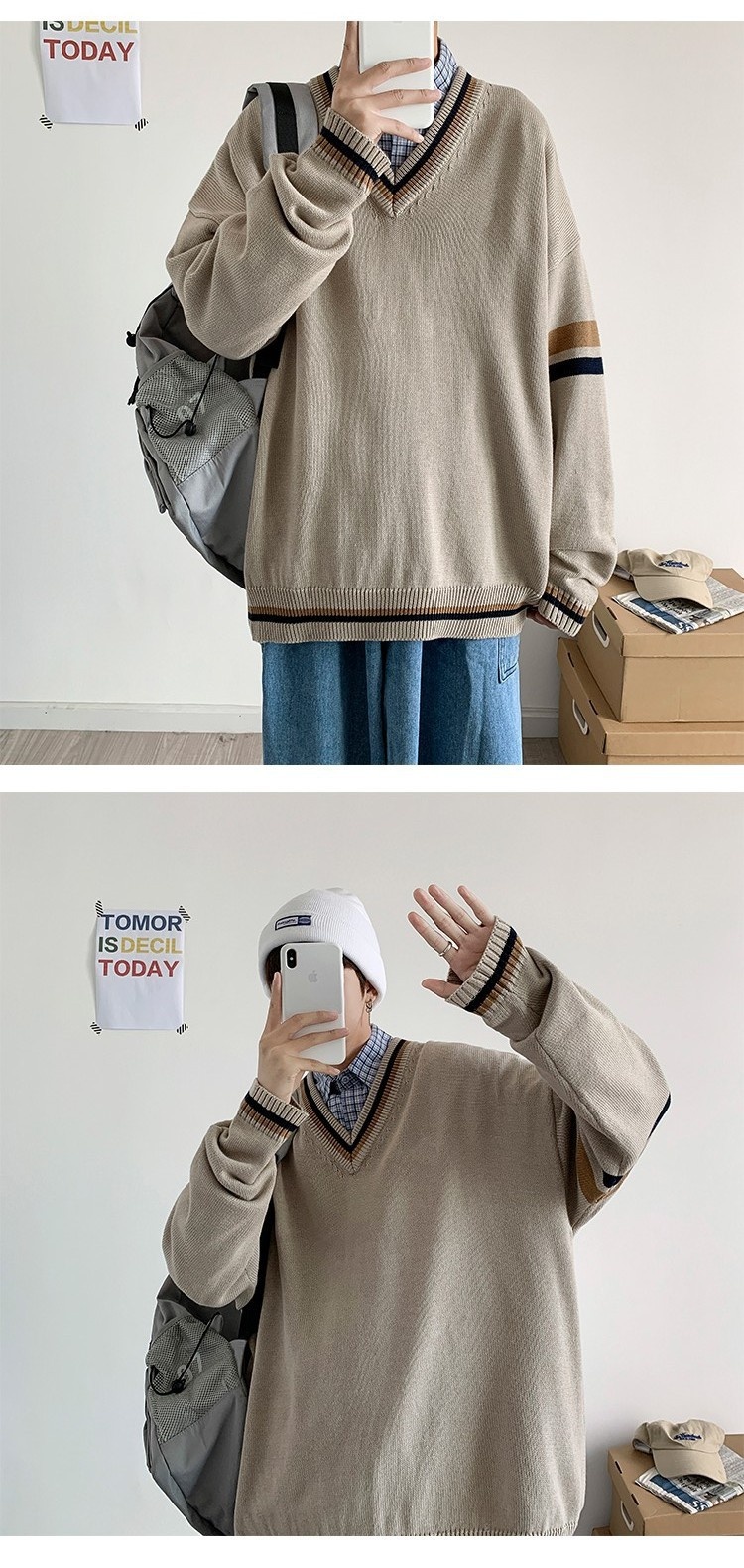 boy Boy Boy Boy Autumn Winter Sweater Men V-Neck Japanese Retro Loose Korean Style Pullover Casual Trendy Brand BF Color Block Knitwear_voghion.com