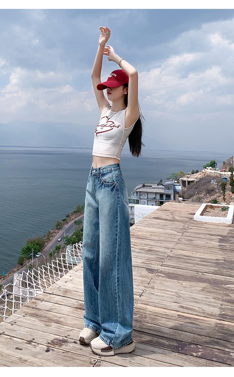 ChicShe 2025 Lente Zomer Nieuwe Amerikaanse Retro Gewassen Losse Rechte Jeans Voor Vrouwen Veelzijdige Gedrapeerde Wijde Broek_voghion.com