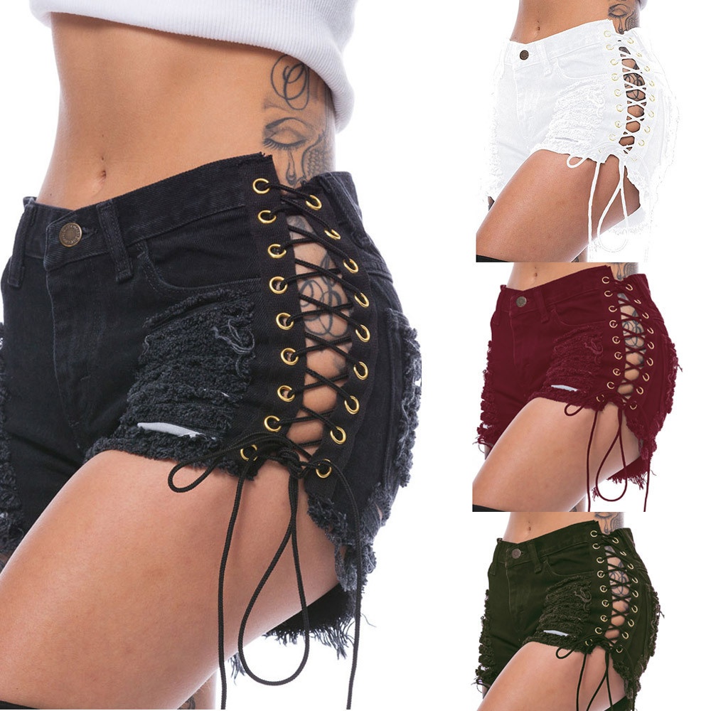 ChicShe Beggar Ripped Jeans Eyelet Bandage Europese en Amerikaanse stijl Nachtclub Sexy Dames Hotpants_voghion.com