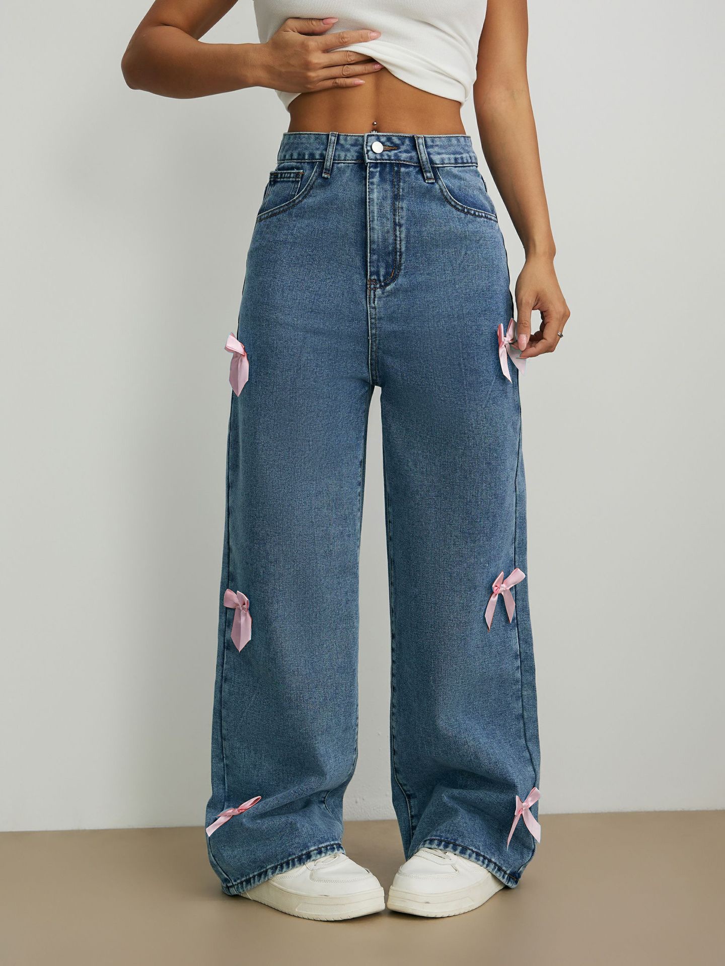 ChicShe Cross-Border Y2K Street Style Hot Girl Bow Washed Jeans Loose Straight Wide-Leg Pants JEANS_voghion.com