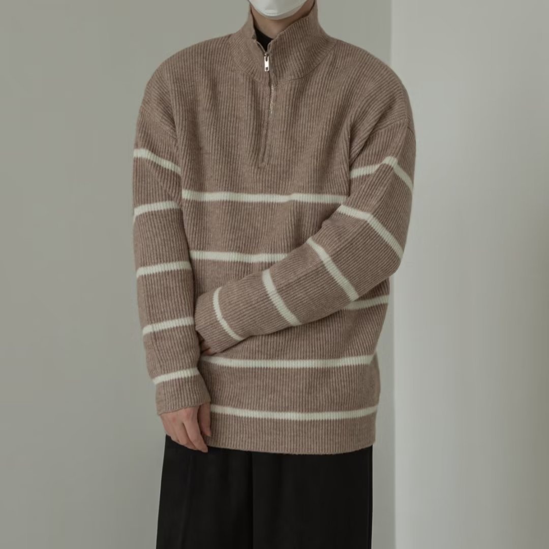 boy Boy Boy Boy Japanese Style Turn-Down Collar Sweater For Men, Autumn Korean Version, Lazy Style, Versatile Striped Pullover, Half-Zip_voghion.com