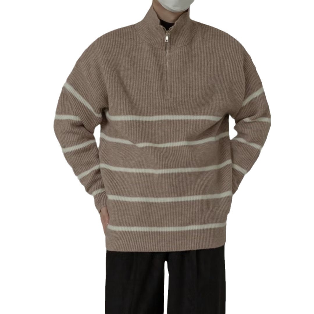 boy Boy Boy Boy Japanese Style Turn-Down Collar Sweater For Men, Autumn Korean Version, Lazy Style, Versatile Striped Pullover, Half-Zip_voghion.com