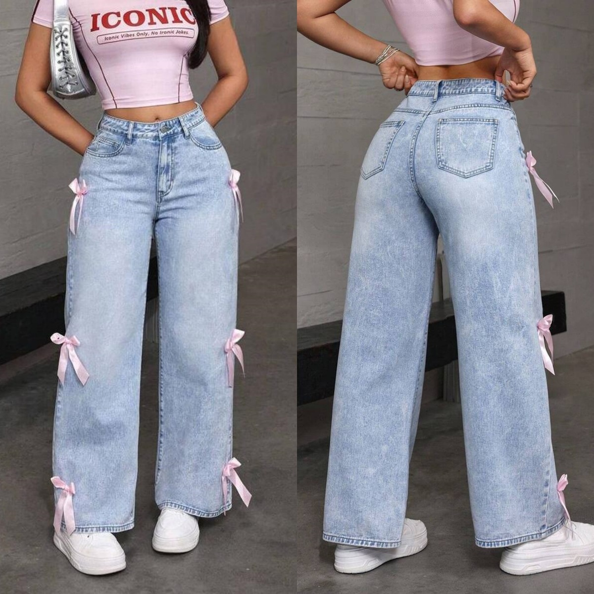 ChicShe Cross-Border Y2K Street Style Hot Girl Bow Patchwork Washed Jeans Losse Rechte Wijde Broek Ins_voghion.com