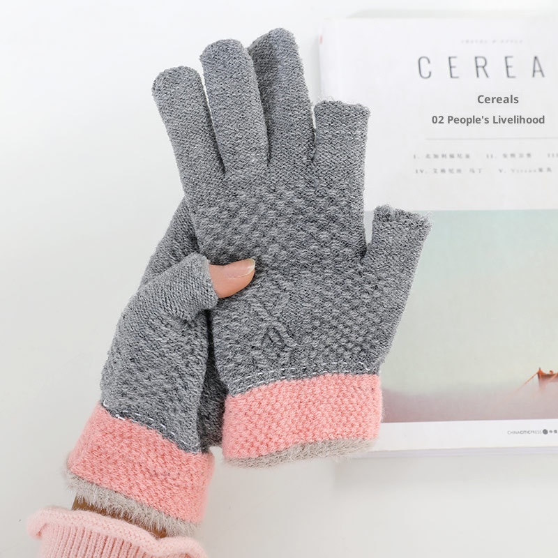 Guanti invernali da uomo e da donna, a due dita, per ufficio, per scrivere, senza dita, caldi, in maglia a blocchi di colore, con dita divise_voghion.com