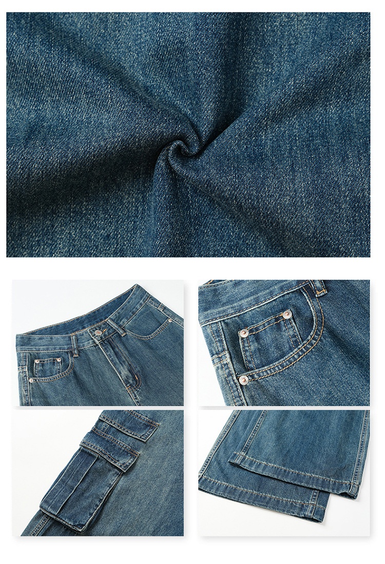 ChicShe Vintage Blue Washed Cargo Jeans For Women New American Retro High Waist Straight Wide Leg Pants_voghion.com
