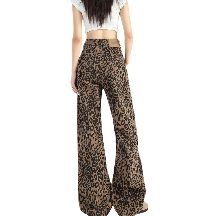ChicShe luipaardprint wijde jeans voor dames herfst 2025 nieuwe hoge taille Amerikaanse stijl losse afslankende smalle versie_voghion.com