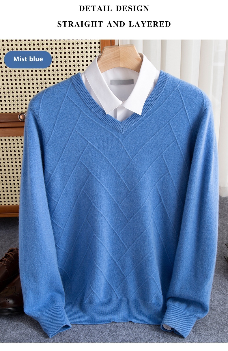 Maglione spesso da uomo in pura lana con scollo a V, autunno inverno 2024, nuovo modello casual da lavoro, con scollo a cuore_voghion.com