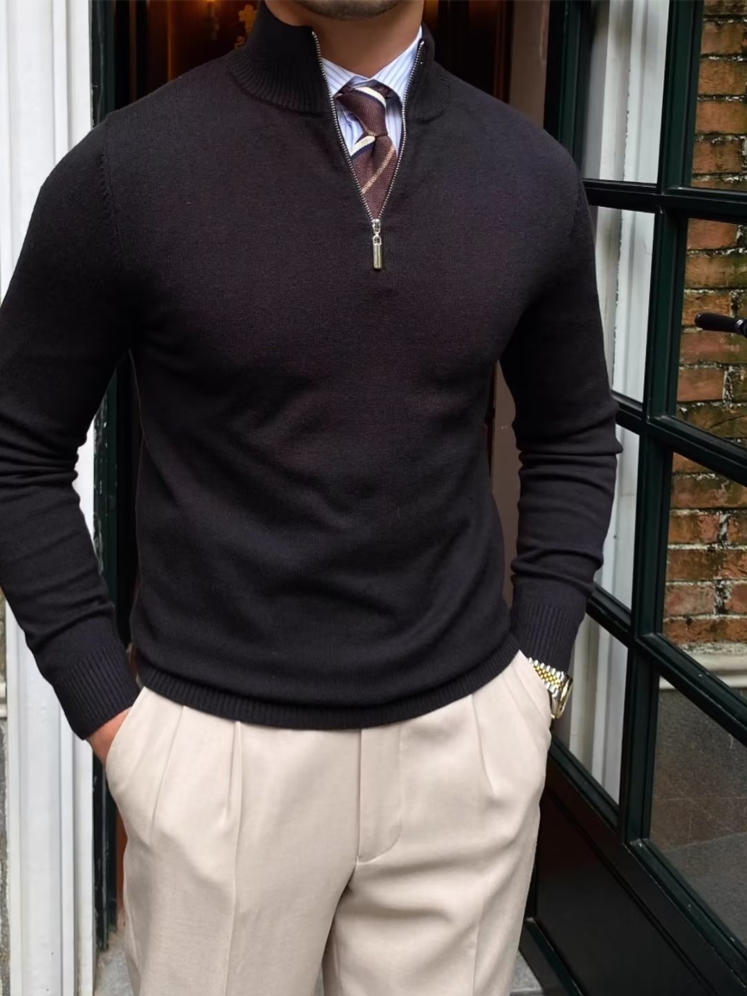 Erkek Çocuk Erkek Çocuk Sonbahar Kış Yeni Erkek Kazak Uzun Kollu Rahat Dik Yaka Yarım Fermuarlı Slim Fit Kazak Örgü Moda Zayıflama_voghion.com