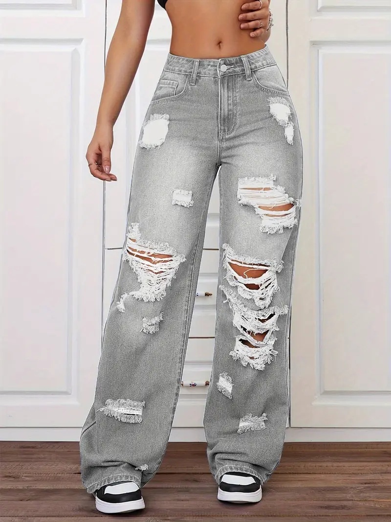 ChicShe European And American Cross-Border Trade Ripped Jeans Washed High Waist Straight Versatile Loose Denim Pants For Women_voghion.com
