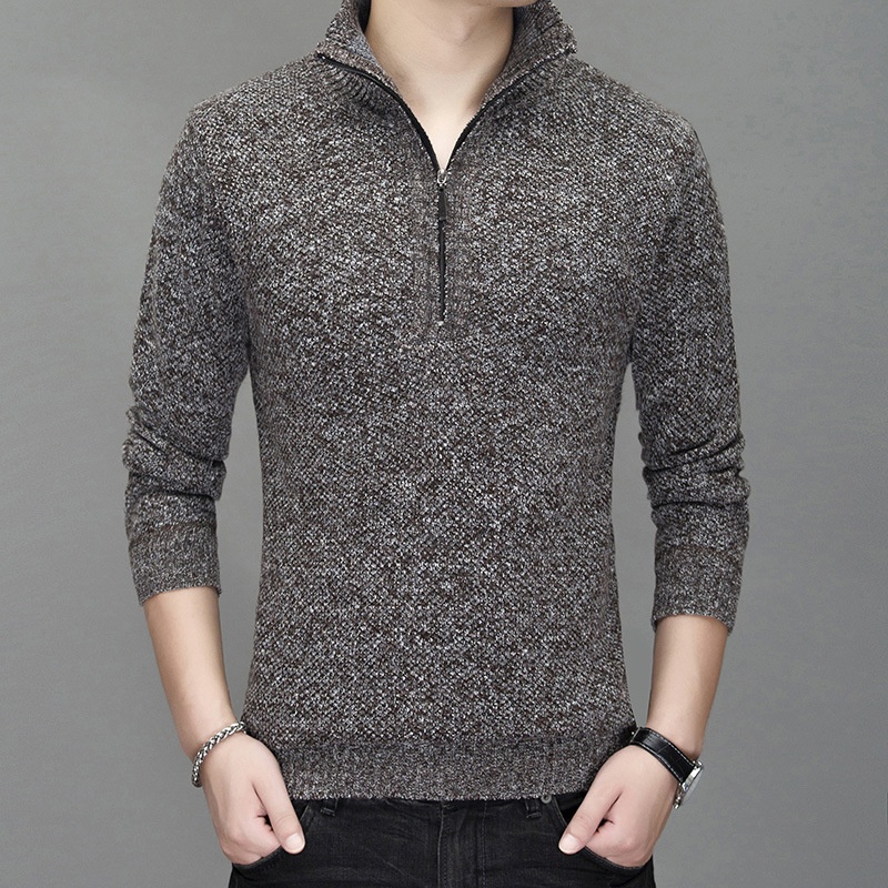 Jungen-Strickjacke aus dickem Fleece, Herren-Freizeitstrickjacke mit Stehkragen, Halbstrickjacke 8146#_voghion.com