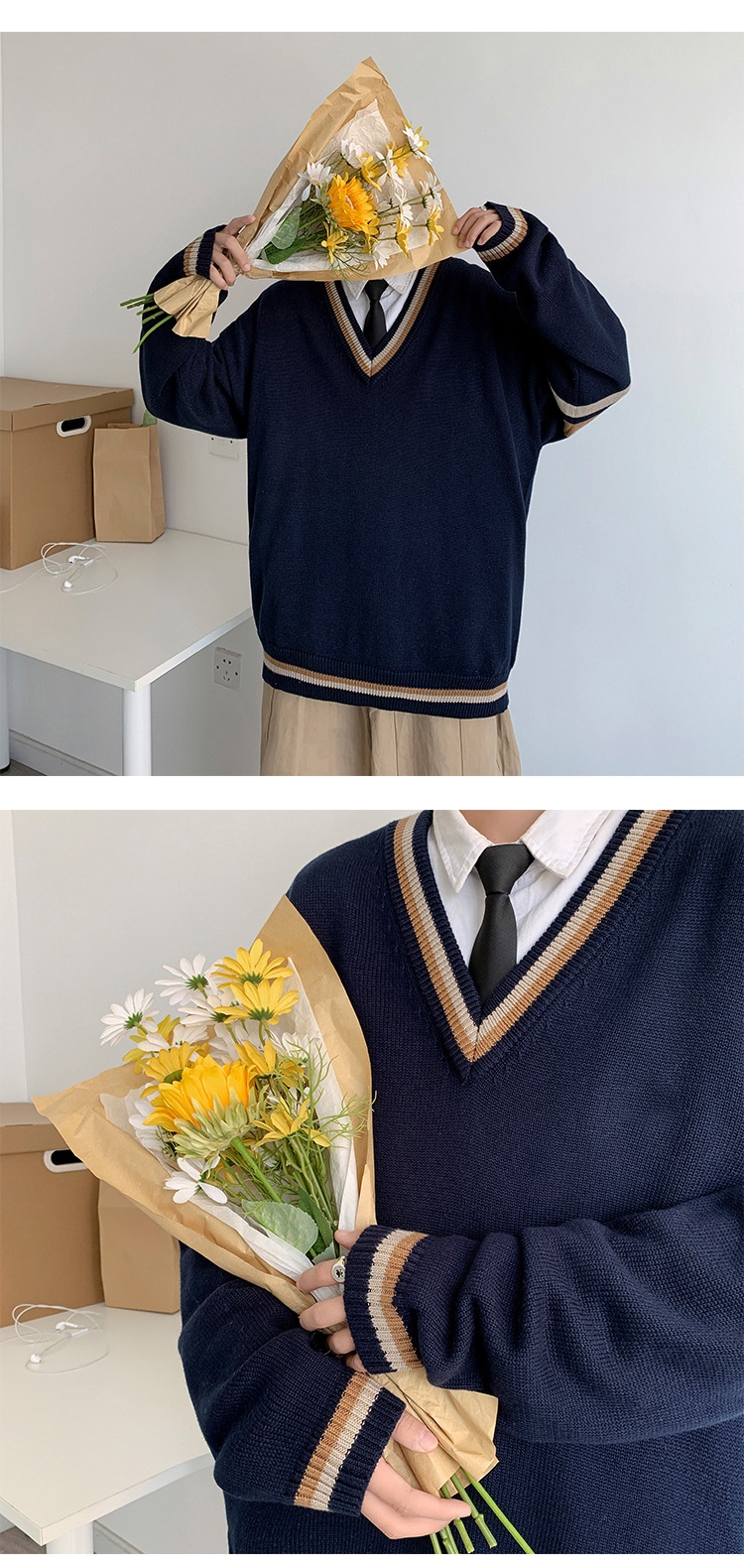 boy Boy Boy Boy Autumn Winter Sweater Men V-Neck Japanese Retro Loose Korean Style Pullover Casual Trendy Brand BF Color Block Knitwear_voghion.com