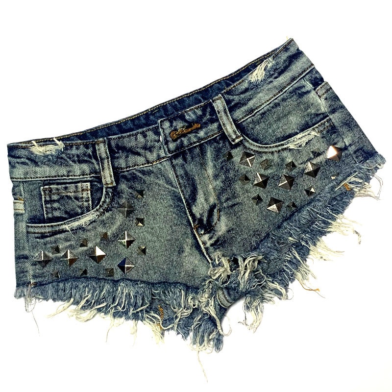 Short en jean à rivets ChicShe, taille ultra basse, style punk européen et américain, pantalon de soirée pour femme, ourlet effiloché et déchiré_voghion.com