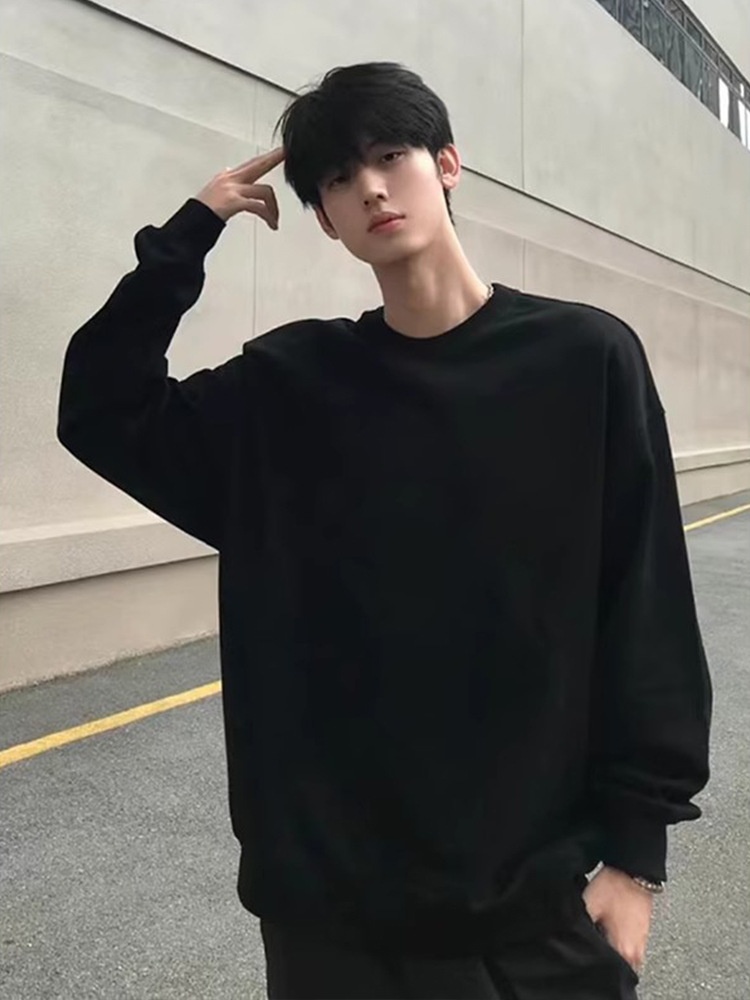 Schwarzes Herren-Sweatshirt im amerikanischen Stil, Herbst/Winter, Fleece, Cleanfit, schweres Langarmshirt aus reiner Baumwolle_voghion.com