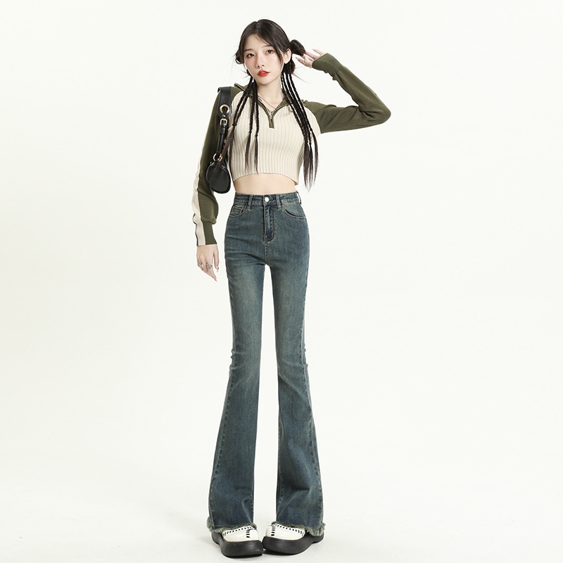 ChicShe Vintage High-Waisted Jeans voor dames 2025 Herfst Nieuwe Small Slim Fit Gerafelde Uitlopende Broek_voghion.com