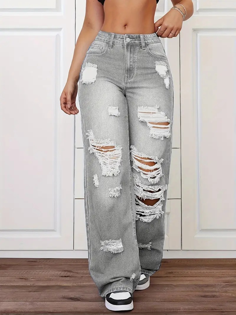 ChicShe European And American Cross-Border Trade Ripped Jeans Washed High Waist Straight Versatile Loose Denim Pants For Women_voghion.com