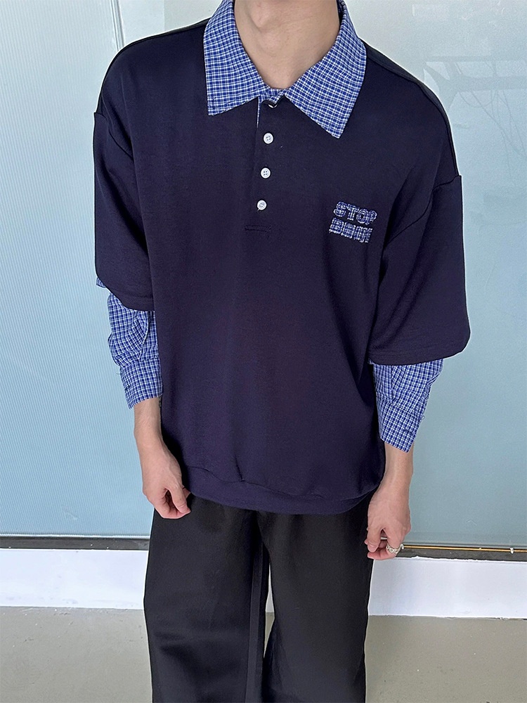 boy Boy Two-Piece American Retro Polo For Men, Spring And Autumn Style, Trendy Brand, High-End Sweatshirt, Plaid Patchwork_voghion.com