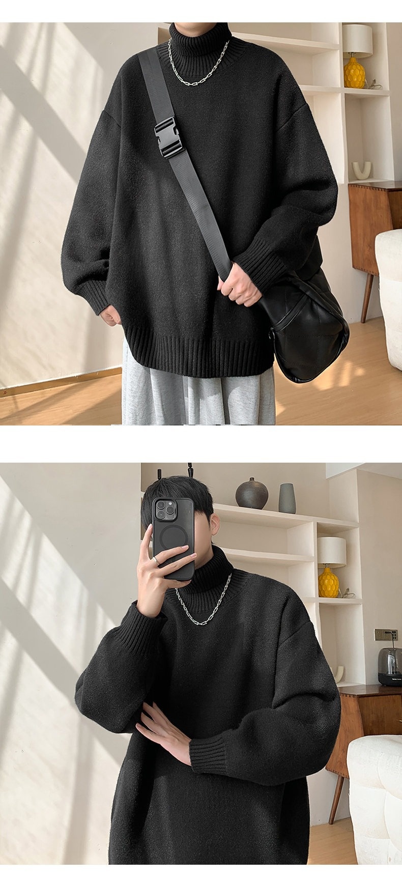 boy Boy Boy Boy Turnable High Collar Men Winter Plus Size Trendy Loose Fit Versatile Knitted Sweater Casual Inner Layer Base Shirt_voghion.com