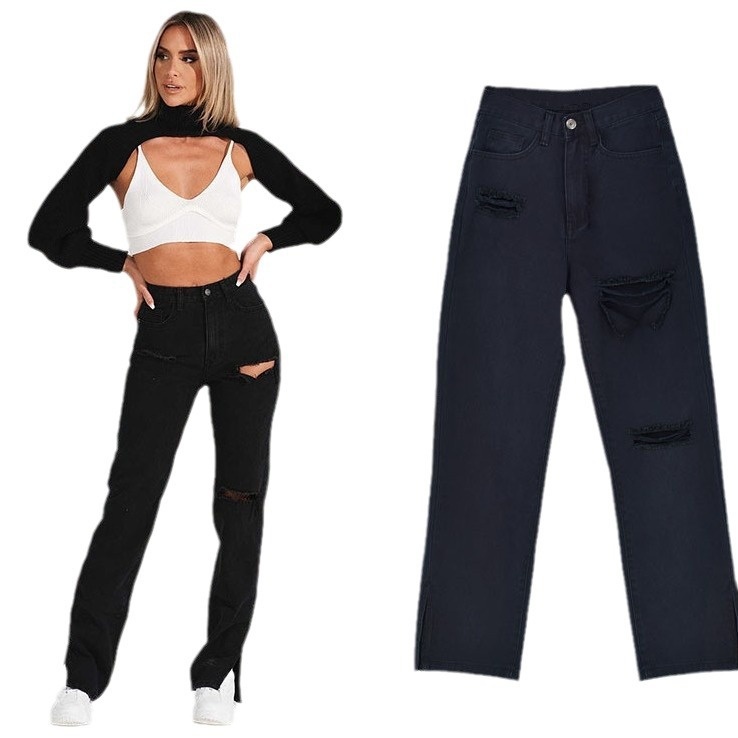 ChicShe European American Women's Fashion High Waist Slimming Straight Leg Jeans Floor-Length With Ripped Cuffs And Slit Hem_voghion.com
