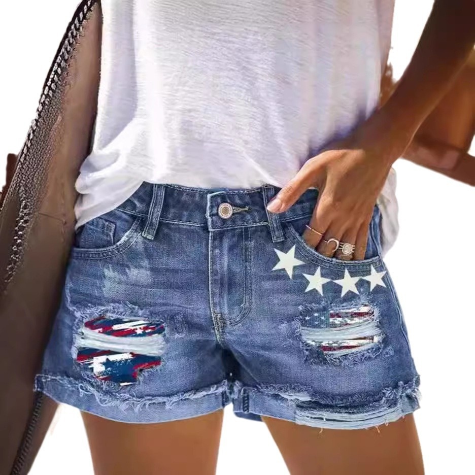 ChicShe European And American Foreign Trade Printed Ripped Cuffed Denim Shorts For Women_voghion.com
