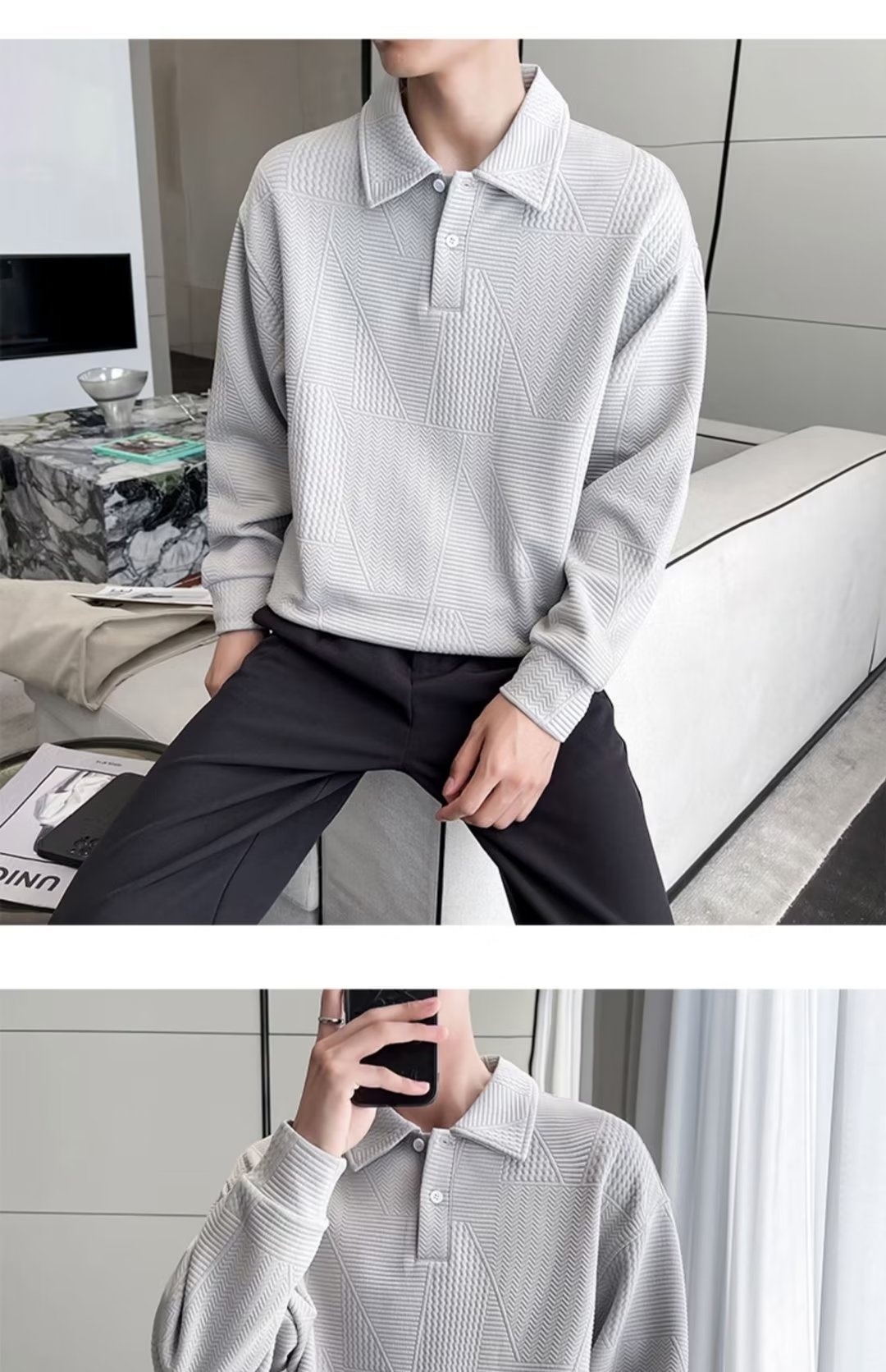 Polo da uomo con colletto rovesciato, modello primavera-autunno a nido d'ape, elegante e alla moda, versatile, casual e matura_voghion.com