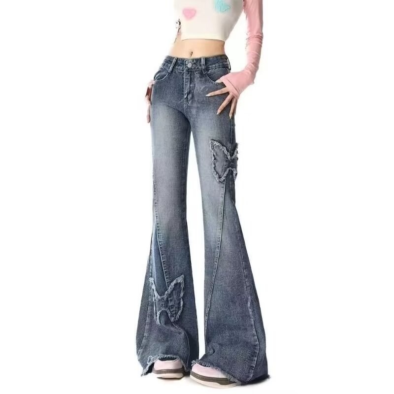 Jean évasé ChicShe Plus style américain tendance, broderie papillon, pour femme, été, grandes tailles, pantalon amincissant à jambes larges_voghion.com