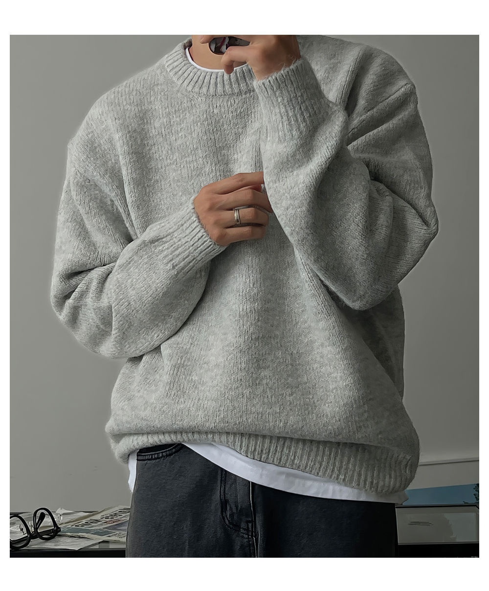 boy Boy Boy Boy Solid Color Drop Shoulder Round Neck Knitted Sweater For Men, Spring And Autumn Lazy Basic Versatile Sweater, Warm_voghion.com
