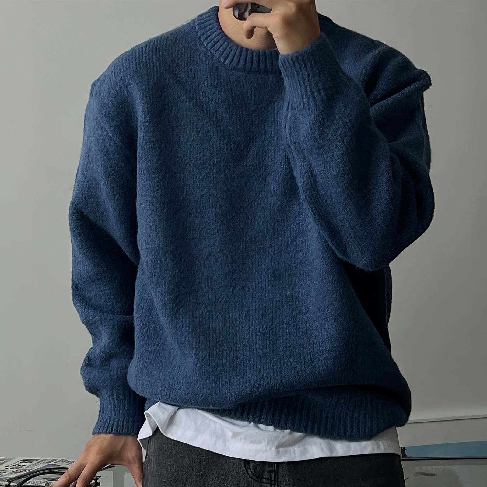boy Boy Boy Boy Solid Color Drop Shoulder Round Neck Knitted Sweater For Men, Spring And Autumn Lazy Basic Versatile Sweater, Warm_voghion.com