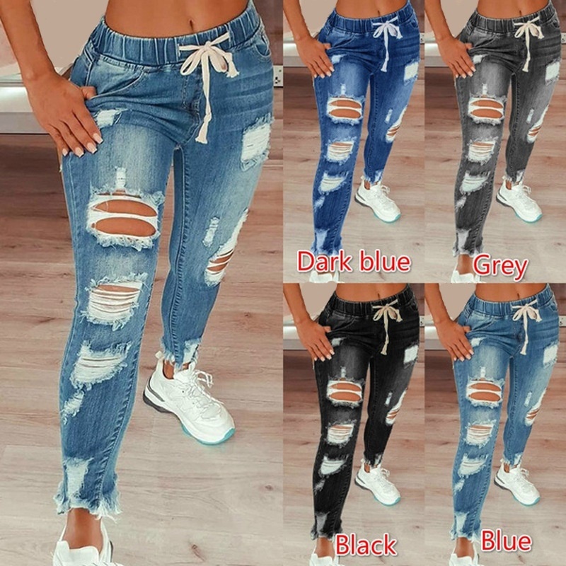 ChicShe 2023 Cross-Border European And American Elastic Women's Jeans High Waist Ripped Skinny Lace-Up Long_ecoleips.com