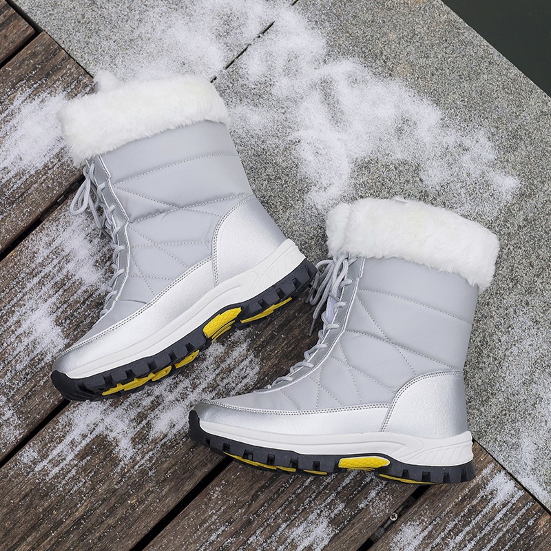 Zees 2025 Damen-Winterskischuhe, warm mit Fleece gefüttert, hohe Schnürschuhe aus Baumwolle, rutschfeste Wanderschuhe_voghion.com
