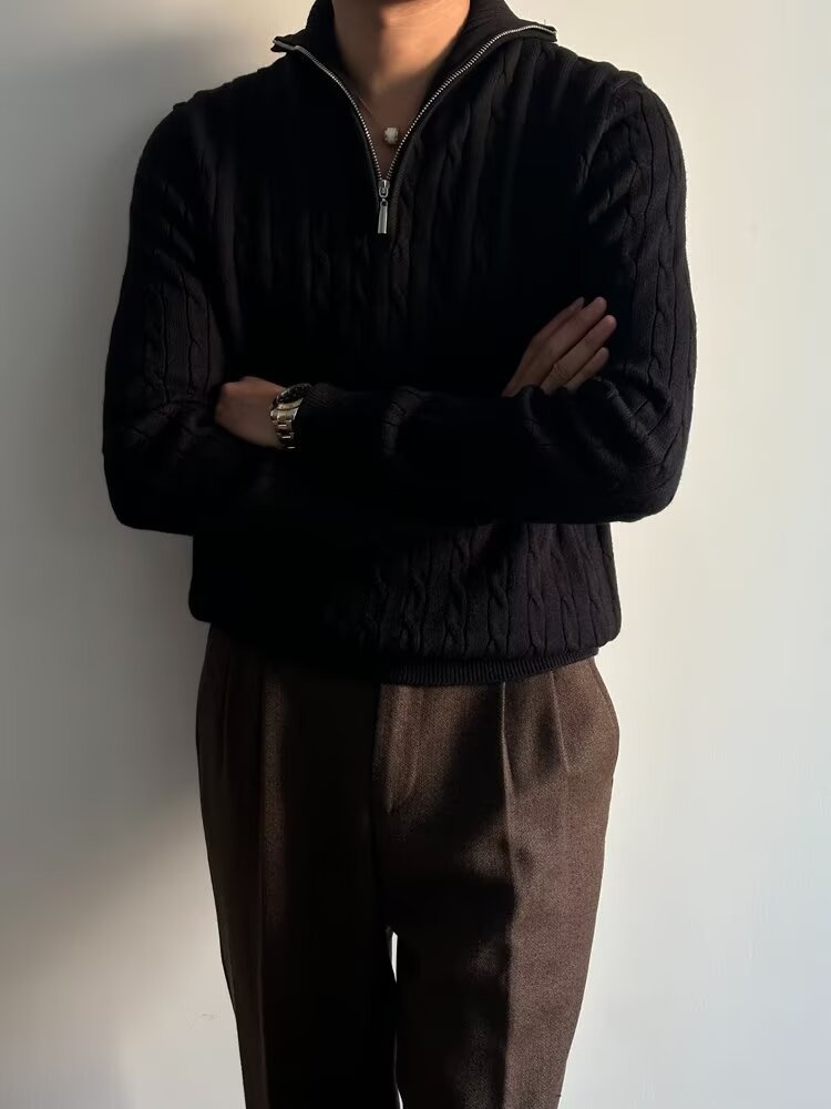 Pull demi-zip pour homme, collection automne 2024, style coréen, polyvalent, en maille épaisse à torsades, col rabattu._voghion.com