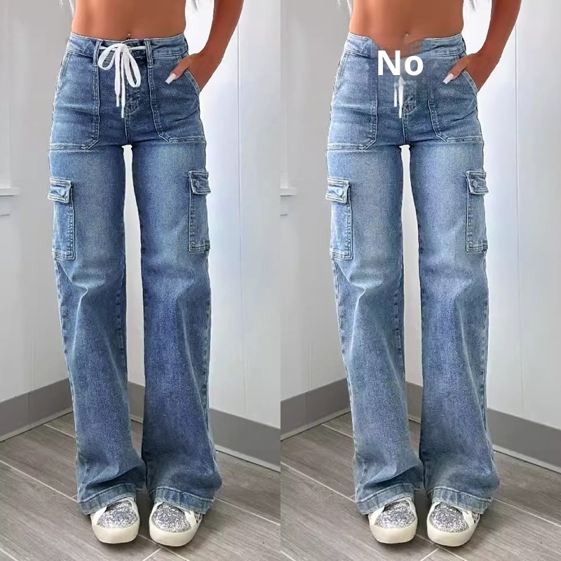 ChicShe Vendita diretta in fabbrica 2025 Nuovi jeans a gamba dritta da donna in stile americano, casual, con lacci, multitasche, funzionali, cargo_voghion.com