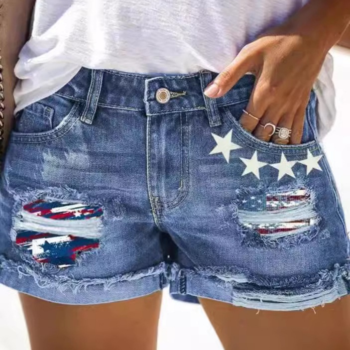 ChicShe European And American Foreign Trade Printed Ripped Cuffed Denim Shorts For Women_voghion.com