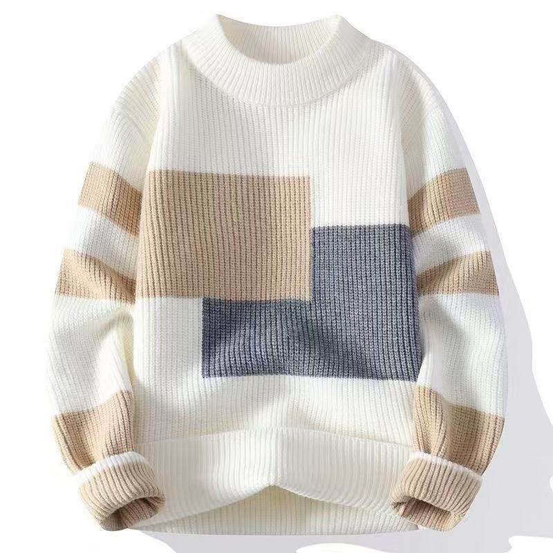 boy Boy Boy Boy Color Block Knitted Crew Neck Cashmere Warm Men's Top Casual Fashion Loose Inner Layer Base Sweater Jacket_voghion.com